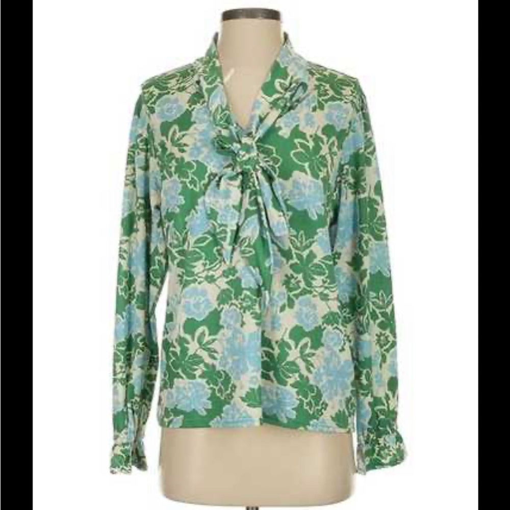 MelloDay Floral Tie Front Long Sleeve Blouse Ruffle Cuff Peasant Tunic Top Sz L
